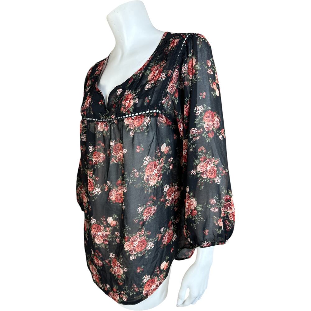 Mine Womens Large Black Floral Sheer 3/4‎ Length Sleeve Blouse - Picture 8 of 15